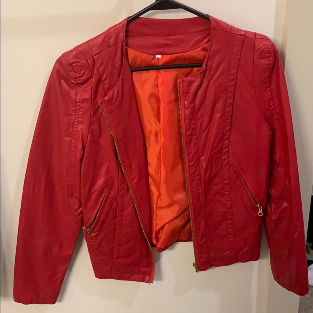 Red faux leather jacket